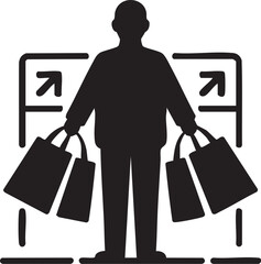 Silhouette man holds two shopping bags next to exit signs on transparent background