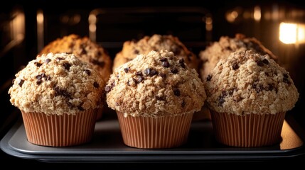 Baking muffins in a warm kitchen, golden tops rising evenly, filling the space with a comforting aroma of freshly baked goods