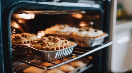 Baking muffins in a warm kitchen, golden tops rising evenly, filling the space with a comforting aroma of freshly baked goods
