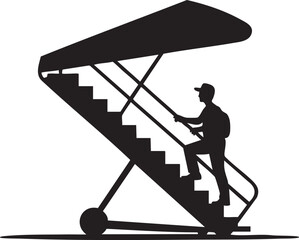 Silhouette shows a male passenger climbing plane stairs carrying his backpack toward an airplane