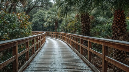 A wooden path through lush tropical trees and palm trees, with a curved walkway and rain on the surface. Nature and jungle scene. Forest trail and greenery in a rainforest setting.