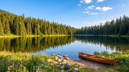Serene lake surrounded by lush green forest with a wooden canoe resting on the shore