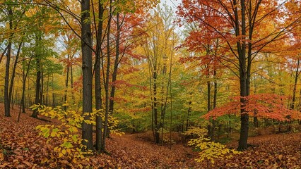 Fototapeta premium Colorful autumn forest with vibrant green, yellow, and red leaves, tall trees, and a leaf-covered ground.
