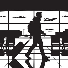 Silhouetted man with backpack walks at airport pulling luggage near window views of airplanes and clouds