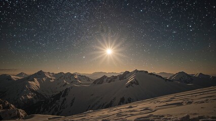 Snow-covered mountain range under a starry night sky with a prominent bright celestial object.