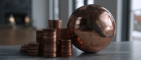 A wooden globe beside polished coins symbolizes global trade, finance, and the need for sustainable practices