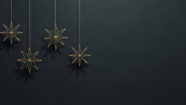 Three ornate metallic starburst ornaments suspended against a dark moody background creating a festive and elegant holiday or celebration decoration concept