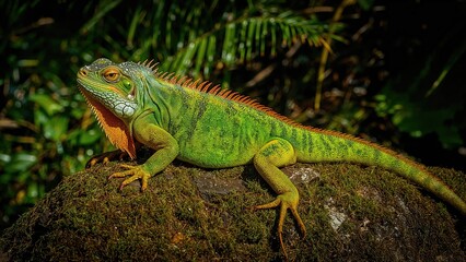 Fototapeta premium Green iguana resting on a rock in a lush jungle environment.