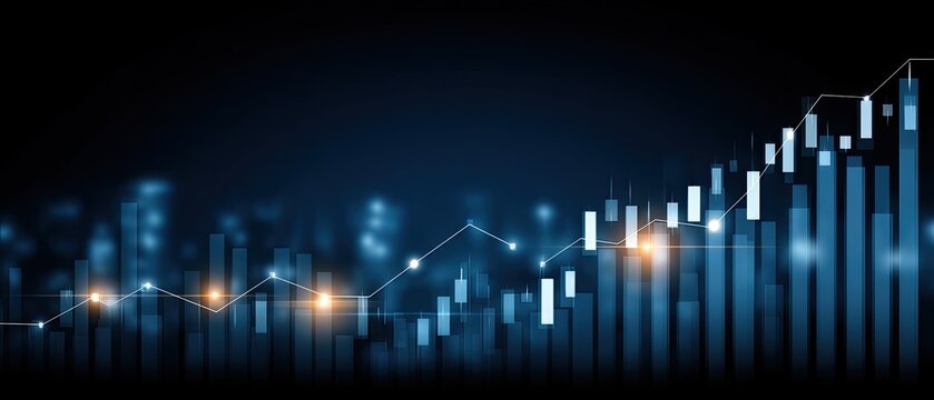 A vibrant city skyline shows a rising graph, symbolizing economic growth against a backdrop of tall buildings and blue skies - Powered by Adobe