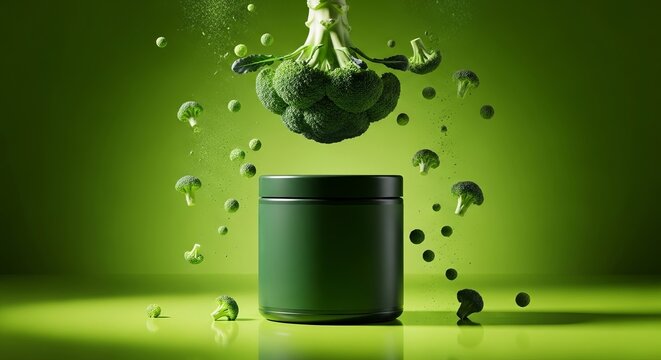 Fresh broccoli falling above green jar on vibrant green background