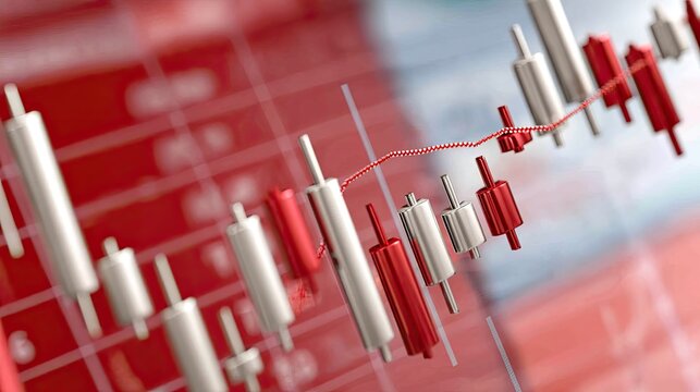 A digital display showcases bar graphs in red and white, highlighting data trends and analytics on a tech-inspired background