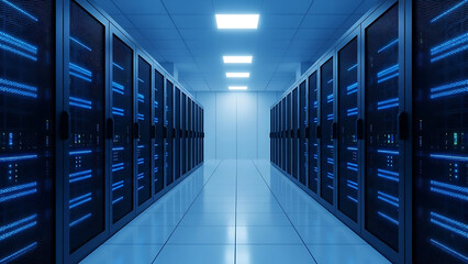 Futuristic server room interior with powerful network hardware and glowing blue lights in a symmetrical data center aisle