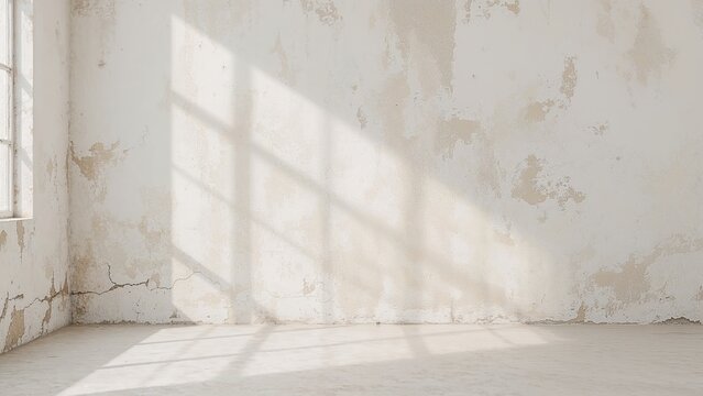 Empty room with sunlight shadow on wall and floor, showing weathered and distressed condition.