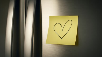 Love Note on Stainless Steel: A handwritten heart on a yellow sticky note, a tender message adorning a sleek stainless steel surface. Simple yet profound, capturing a moment of affection and care.
