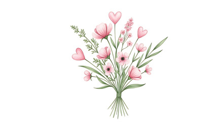 Charming Bouquet of Pink Flowers with Heart Details Watercolor Illustration
