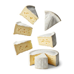 Delicious Pieces of Brie Cheese Floating Against a White Background A Culinary Delight
