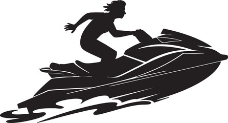 A silhouetted person speeds across water atop a jet ski, with transparent background