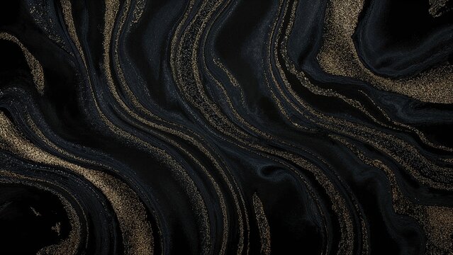 Dark marble pattern with black and gold veins, abstract texture of swirling lines and shimmering accents.