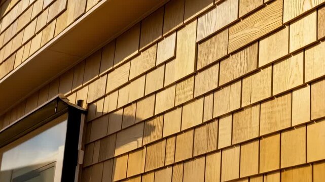 Medium framing of composite siding arranged in a staggered shingle layout adding depth and durability to a contemporary building.