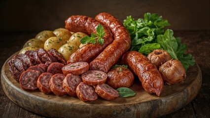 Assorted sausages and meats with potatoes, garlic, and fresh greens on a wooden platter.