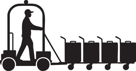 An airport worker in black silhouette transports luggage carts with electric tow tractor
