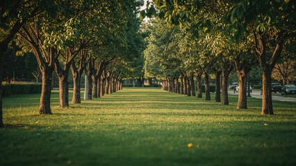 Obraz premium A peaceful park with evenly spaced trees and a grassy pathway, captured during daytime under bright sunlight.