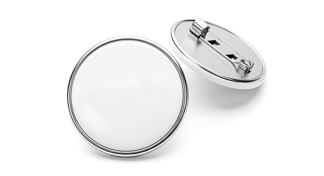 Blank white pinback button badge mockup template. Front and back view of a round metal lapel pin isolated on a clean white background