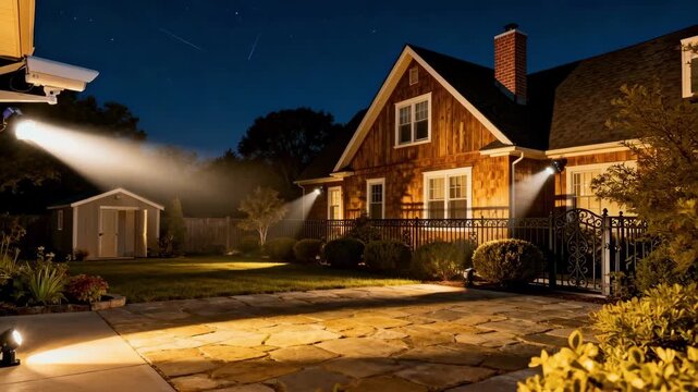 Medium shot of a floodlight setup illuminating a large backyard enhancing security and accentuating architectural features during nighttime.