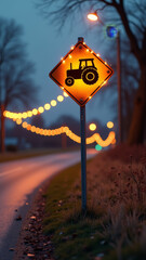 Warm festive farm tractor crossing sign with soft holiday lights and gentle seasonal glow along rural roadside