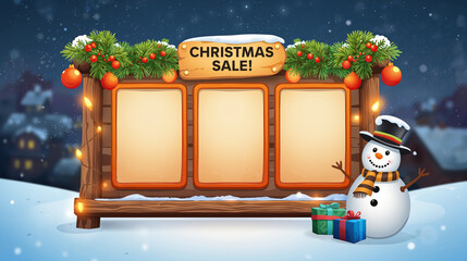 Festive christmas sale banner with snowman gifts and winter background