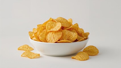 Bowl of potato chips with some scattered outside on a plain background.