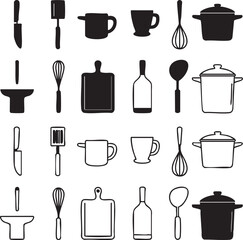 Assorted kitchen utensils, including cookware, cutlery, and tableware, are shown in monochrome shades on white
