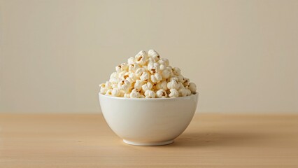 Bowl of popcorn on wooden surface with plain background. Snack, food, and casual setting. The concept of popcorn and snacking.
