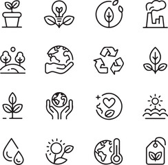 Climate Change Icons. Outline icon set of climate change and severe weather: melting glacier, rising sea
