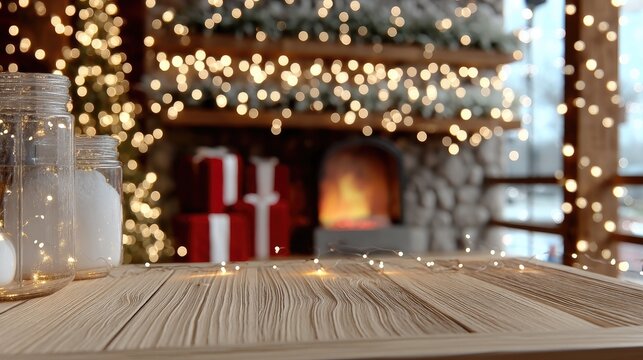 A wooden tabletop is in focus, while colorful lights and gifts create a joyful holiday setting in the background
