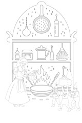 Hand drawn vector illustration set of vintage kitchen and cooking utensils sketch symbols collection for coloring books