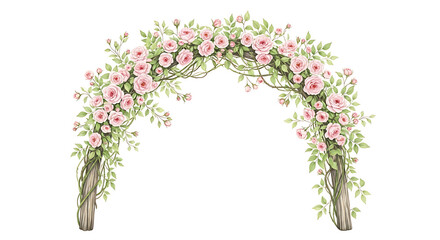 Elegant watercolor floral arch with delicate pink roses and lush green foliage, perfect for wedding decorations or romantic garden celebrations