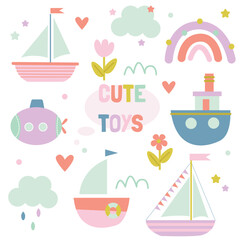 A cute colorful set with children's elements: ships, flowers, clouds, and stars.