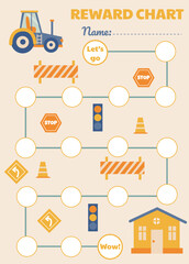 Goal achievement tracker for boys with construction vehicles in bright colors