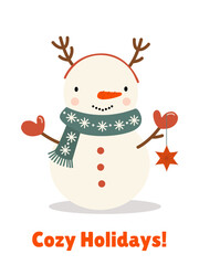 A funny snowman with a scarf and deer antlers on his head, holding a Christmas tree decoration in his hands.