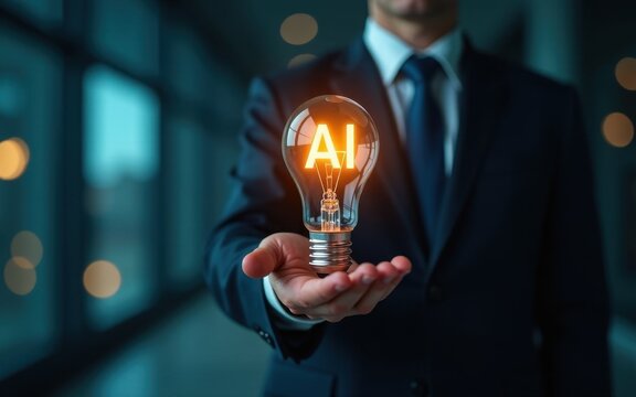Business man holding AI light bulb with innovation concept