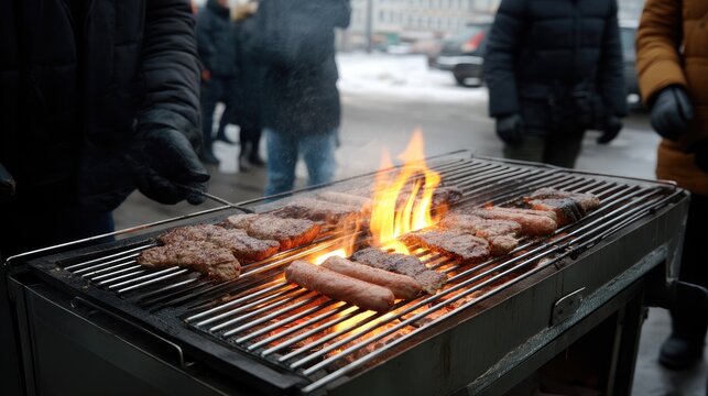 A chef expertly flips steaks on a grill, flames rising, as smoke fills the air at an outdoor cooking event surrounded by friends