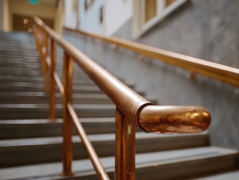 Stylish Staircase Featuring a Curved Copper Handrail in a Modern Urban Space