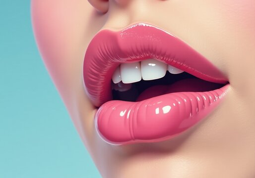 Glossy pink lips with bright teeth