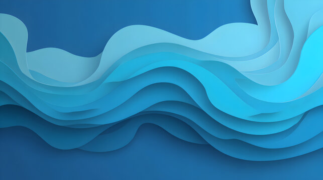 Blue papercut waves flow across canvas. Soft shadows create dimension. Useful for website headers, digital posters, or branding.