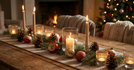 Cozy Christmas Table Decoration with Candles and Ornaments