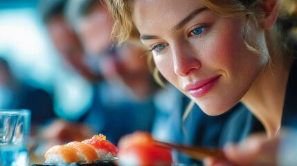Smiling woman enjoying fresh sushi rolls topped with red caviar in a vibrant restaurant setting