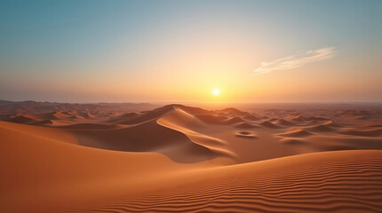 Golden sunset over desert landscape endless sand dunes nature scenery tranquil travel destination under warm sunlight for outdoor adventure and exploration