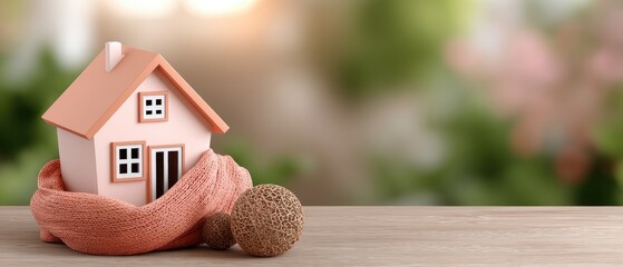 A small house model is snugly wrapped in a knitted scarf sitting atop a radiator, creating a warm, inviting atmosphere in the room