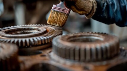 Technician applying lubricant with a brush on metallic gears to enhance durability and prevent rust during routine equipment servicing
